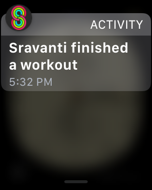 Activity notification that reads: “Sravanti finished a workout.”