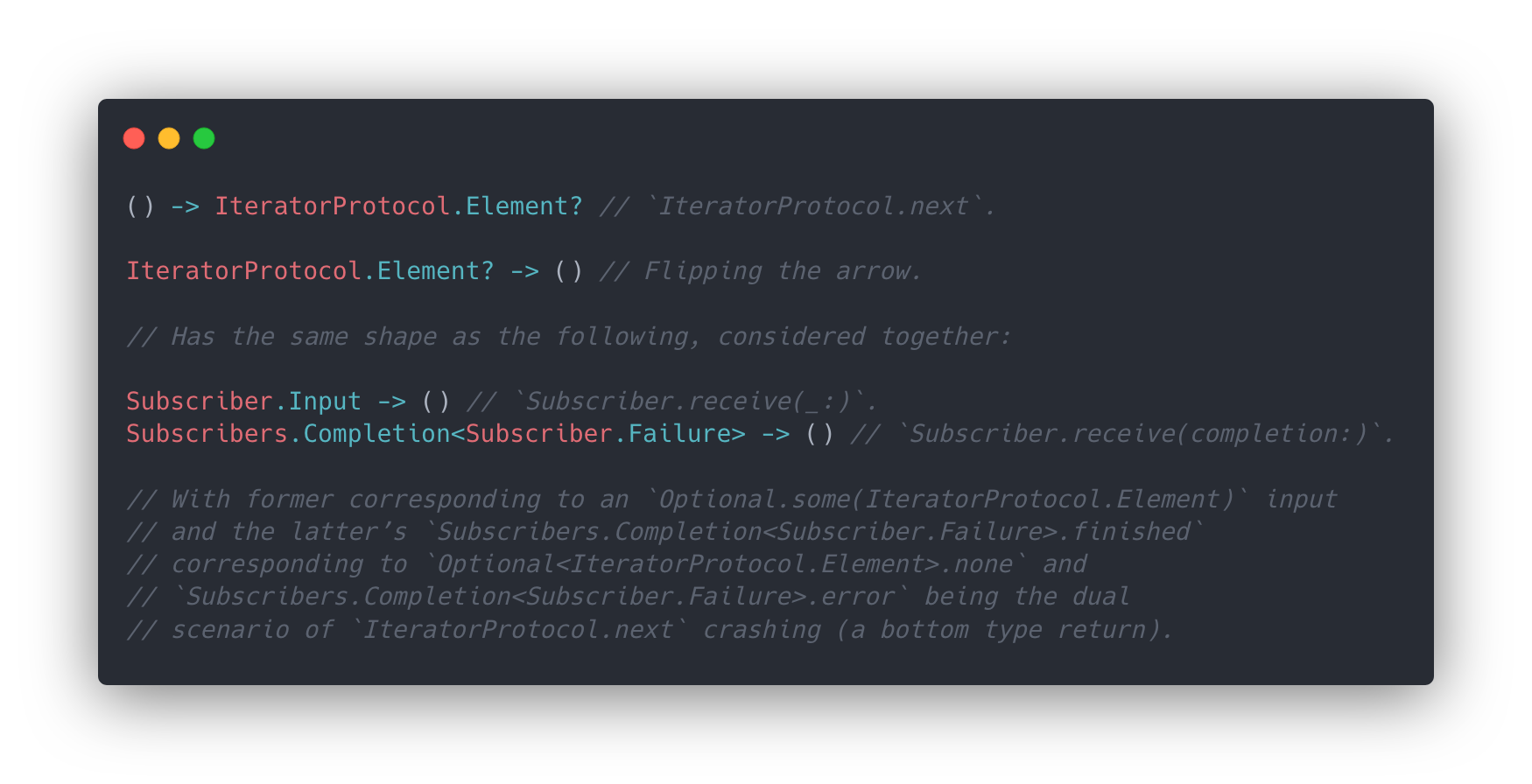 Demonstrating how `Subscriber` is the dual of `IteratorProtocol`.