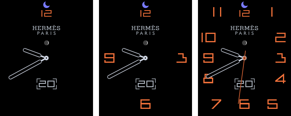 Various Hermès watchOS face configurations with differing amount of hour markers.